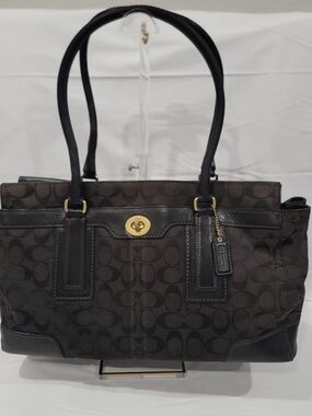 Coach Black Signature Canvas Tote with Leather Trim